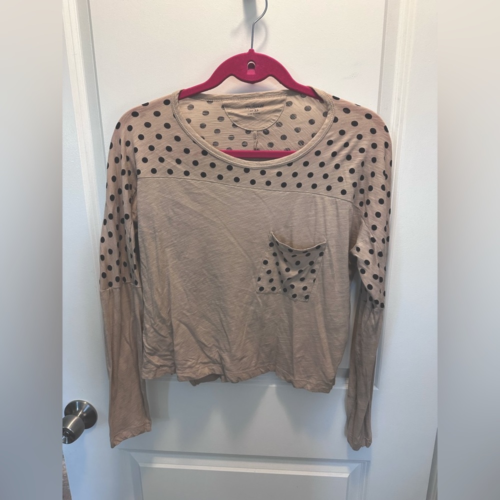 Madewell size XS beige long sleeve top with pocket and black polka dots
